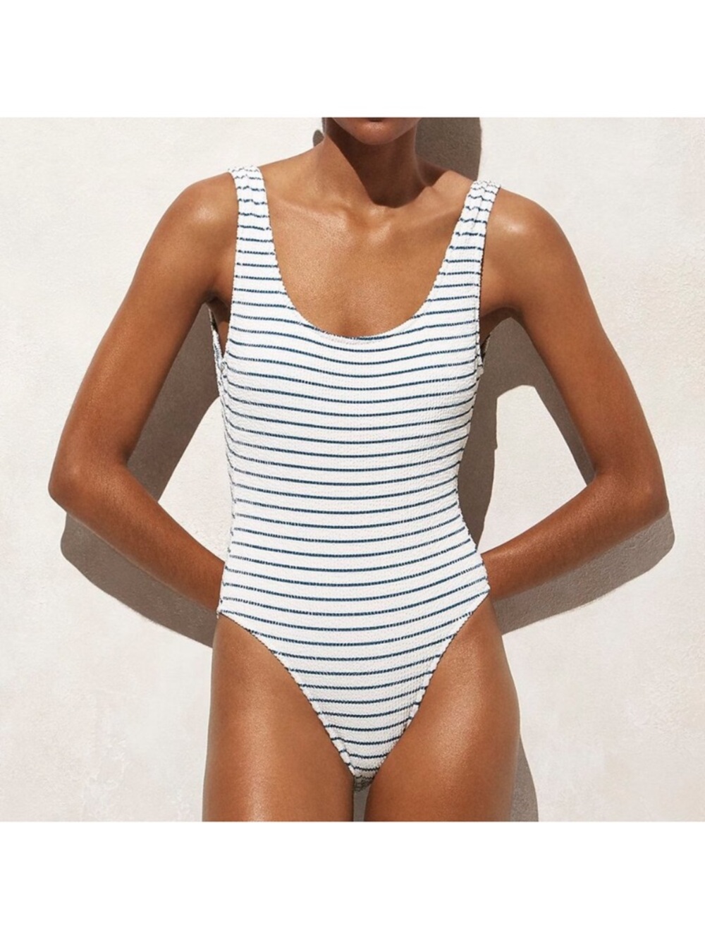 J CREW Claudia Scrunchie One Piece Low Back Swimsuit Navy White Stripe | Size 6